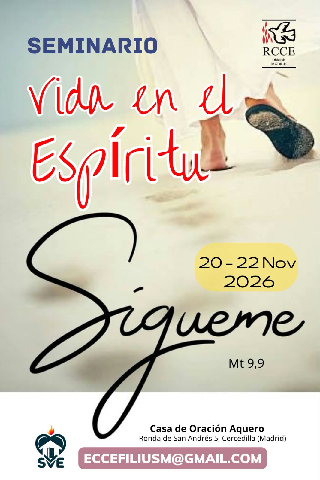 Cartel del seminario «Vida en el Espíritu. Sígueme» (Mt 9,9), del 20 al 22 de noviembre de 2026 en Casa de Oración Aquero, Cercedilla (Madrid)